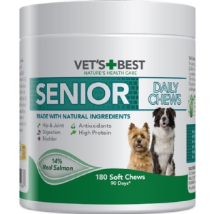 Vets Best Daily Chews Hundeleckerlis mit Lachs für Senior Hunde ab 9 Jahren, 180 Stück.